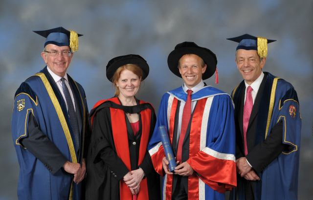 L-R: Sir Nicholas Montagu, Professor Rebecca Lingwood, Dr Christopher Smith collecting his award and President and Principal Professor Simon Gaskell