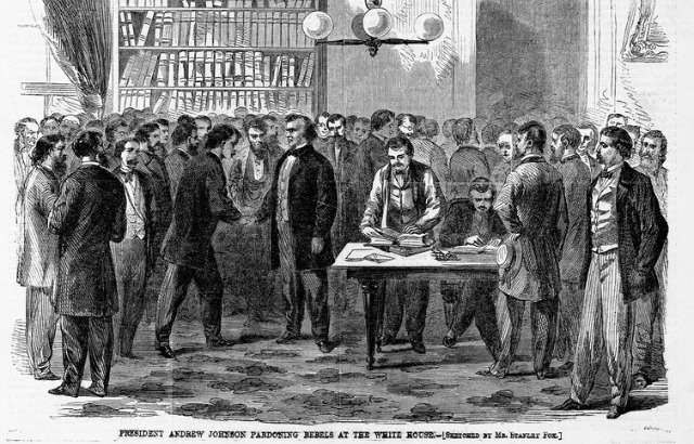 Johnson pardoning Confederate rebels at the White House. 1865