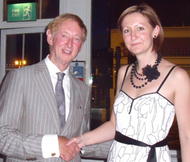 Professor John Oxford with Dr Lucy Harper from the Society for Applied Microbiology