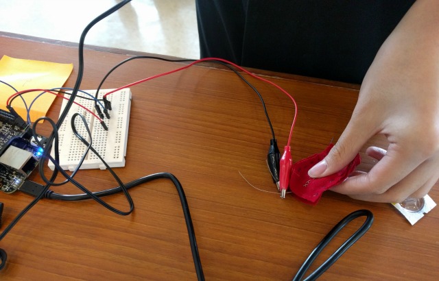 Dr Stewart's workshop focused on working with conductive textiles and crafts to create electronic sensors. Credit Rebecca Stewart