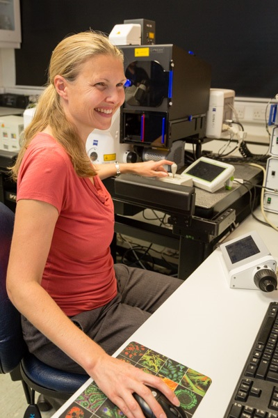 Professor Hazel Screen working at a microscope