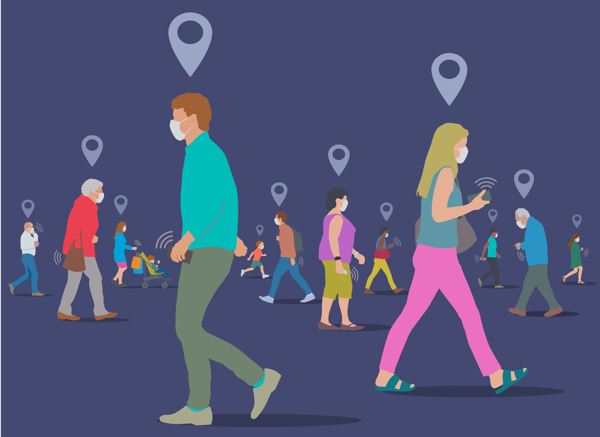 Illustration of a group of people being tracked for digital contact tracing. Credit: smartboy10/iStock.com