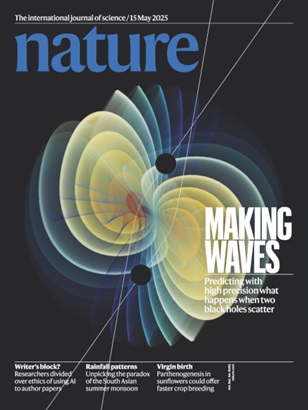 The cover of Nature Volume 641, Issue 8063 features the study by Dr Gustav Mogull and colleagues. Their research provides a high-precision prediction of black hole scattering. Credit: Mathias Driesse/Humboldt University Berlin.