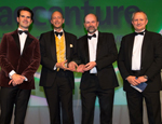 Ben Burns and Prof Jonathan Pitts (centre left and right) from Actual Experience accepting the award for Innovation and Entrepreneurship at the UK IT Industry Awards.
