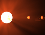 Artistic representation of a low-mass star and planets (not to scale): The red-hue colour tries to reproduce the colour of the ambient light a human might perceive on planets around such red-stars.
