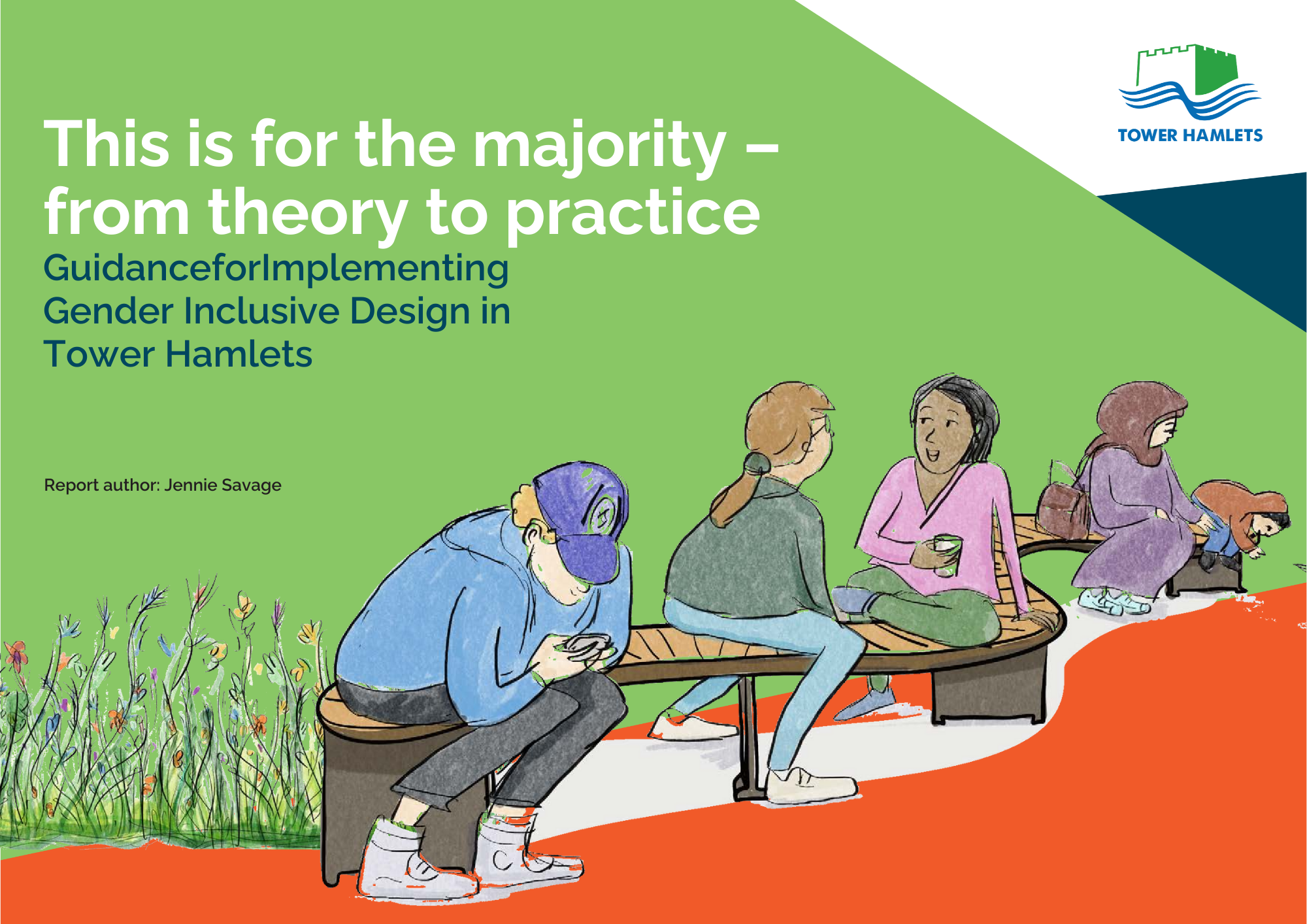 Cartoons of people sit smiling against a green and orange background