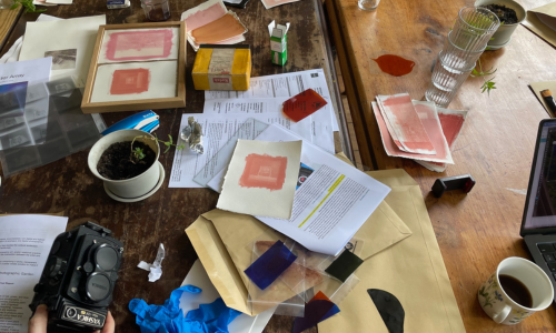 A photo of lots of materials for a gum diazo workshop on a table