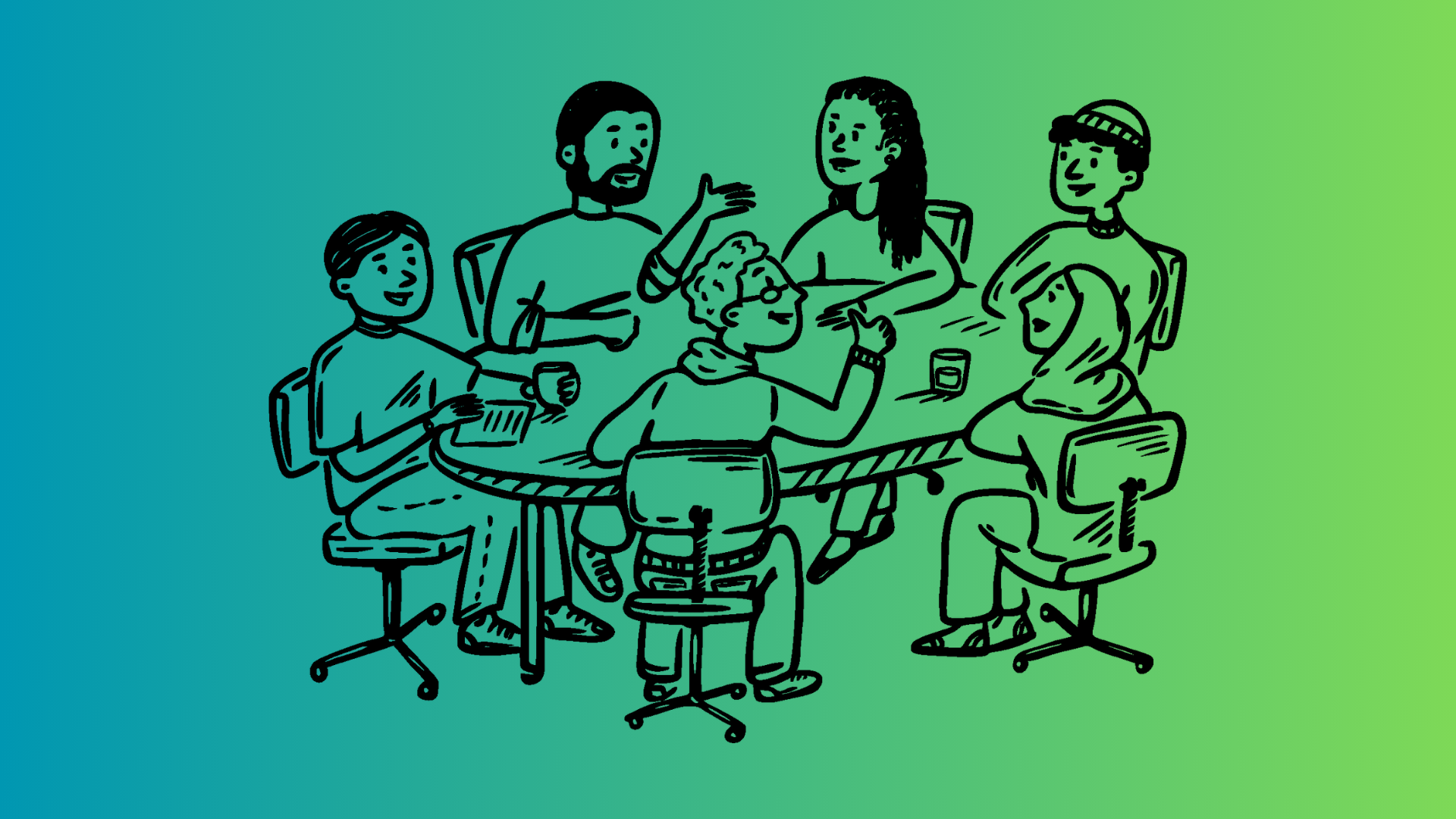 An illustration of a group of people sitting around a table talking
