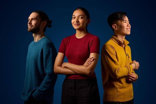 Three hero style photos of students against a navy blue backdrop