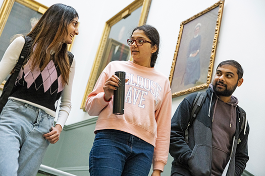 Students chatting and walking down stairs on campus.