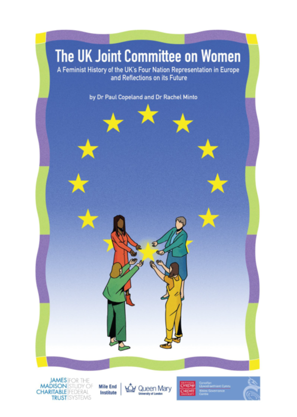 Front cover of Paul Copeland's report on the UK Joint Committee on Women. White text against a blue background with the institutional logo and an illustration of a group of women beneath the EU flag..