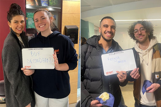 Two women holding up a sign saying 'buy second hand'. A second image of two men holding up a sign saying 'recycle more'.
