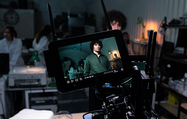 Idan Gal-Shohet being filmed on a camera. He is standing in a laboratory surrounded by people in lab coats.