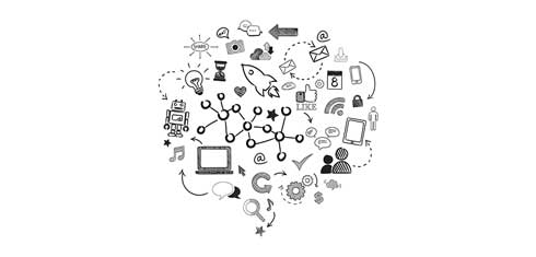 An illustration a laptop, robot, calendar, wifi symbol, camera, tablet and a person with arrows connecting them