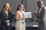Gertrud Metsa receiving her award from Dr Edward Kwakwa (Assistant Director of WIPO). She is stood next to  Professor Estelle Derclaye (University of Nottingham and President-Elect of ATRIP), Professor Orit Fischman-Afori (Hebrew University of Jerusalem and President of ATRIP)