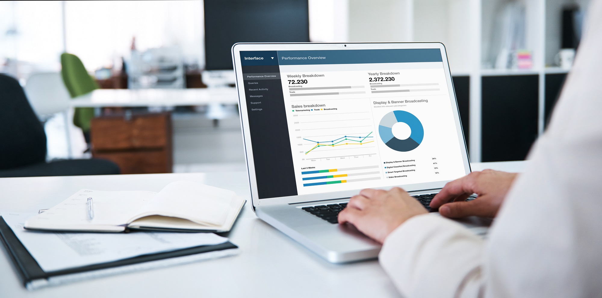 A member of staff at a laptop with data on the screen