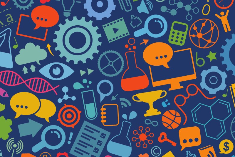 Colourful graphics on a blue background