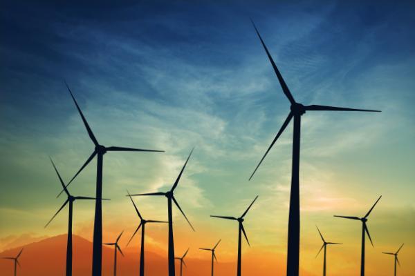 Wind turbines in a green field