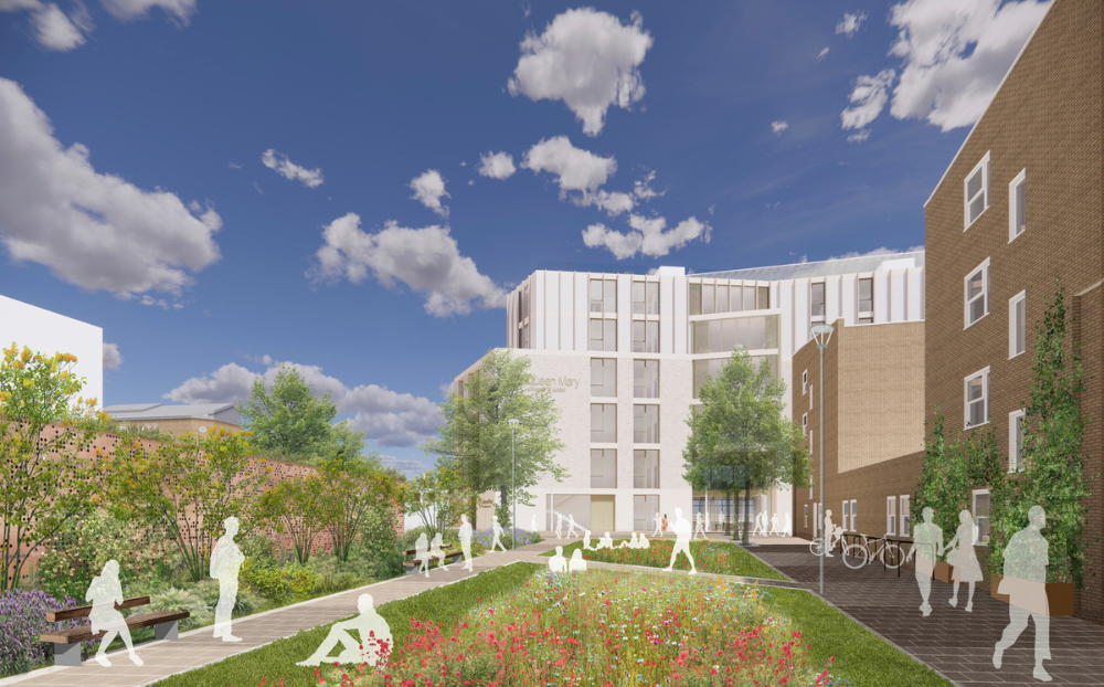 Image of an animation of the new school of business and managment. A building with grass and fake people sitting and walking around.