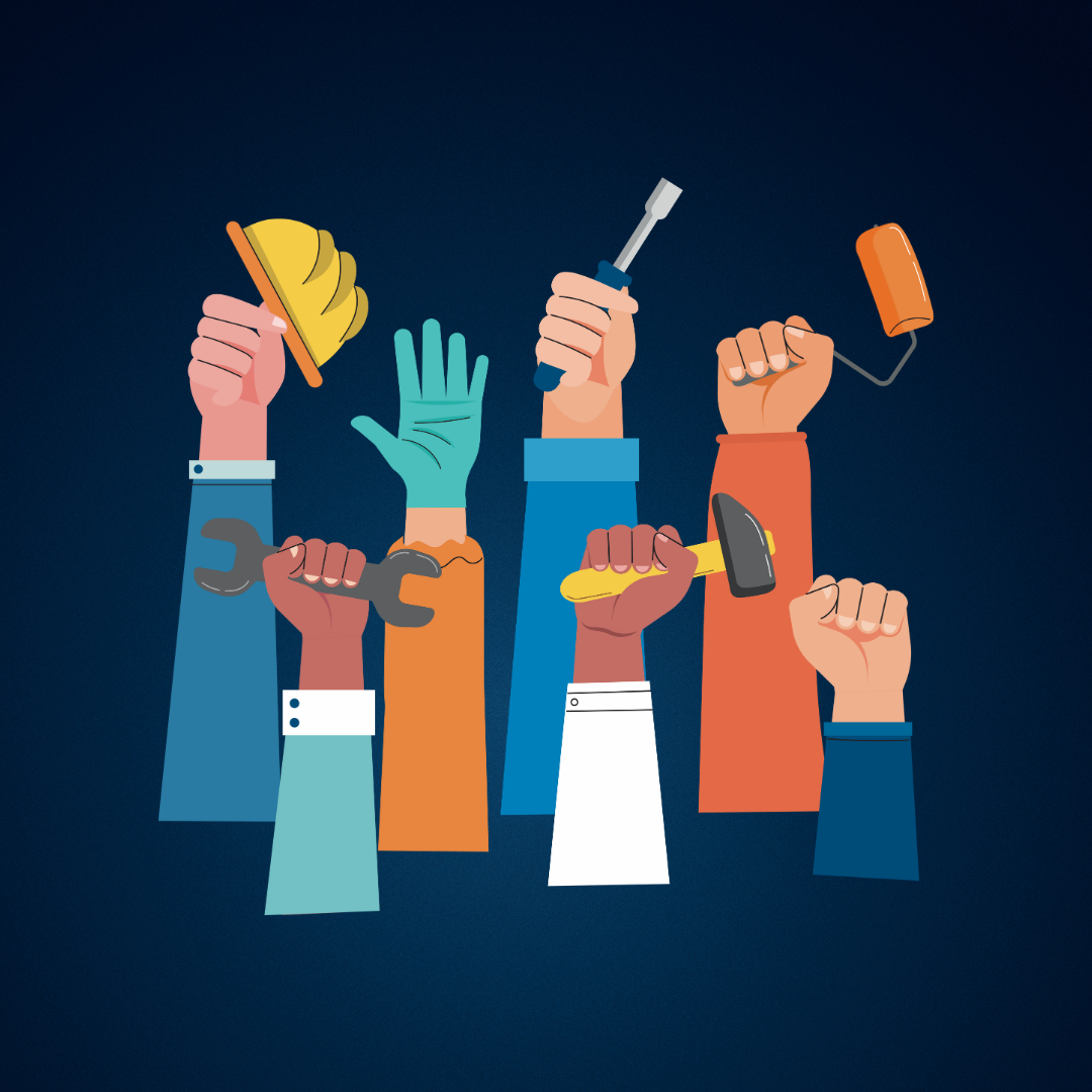 Graphic showing people raise their hands with tools to do a specific jobs