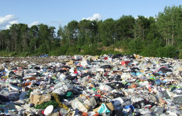 photo of a landfill site with rubbish in the foreground and trees in the background