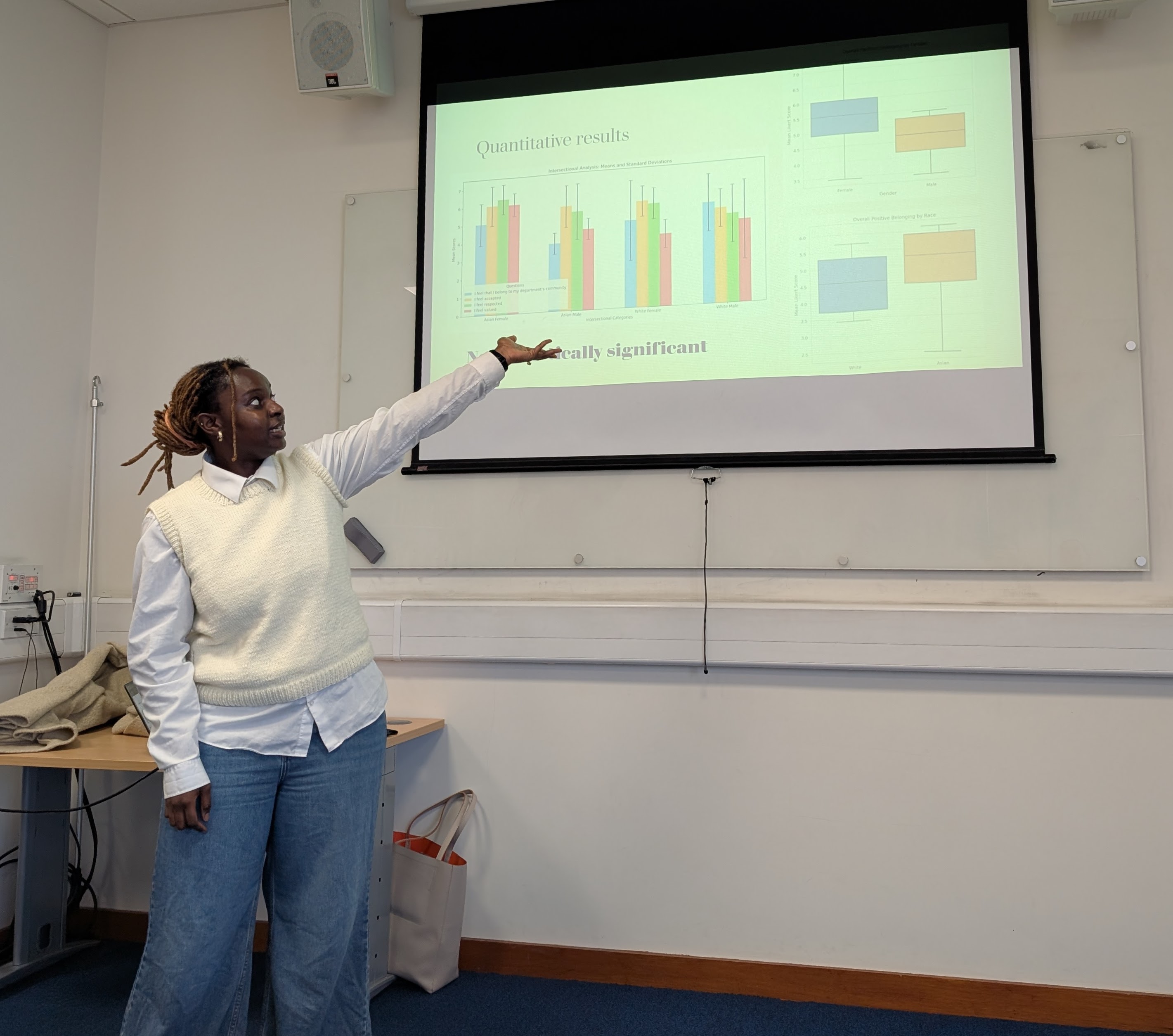 Toluwalase Akanbi-Akinlolu speaking at the Centre for Education Research seminar at Queen Mary University of London, 22 October 2025