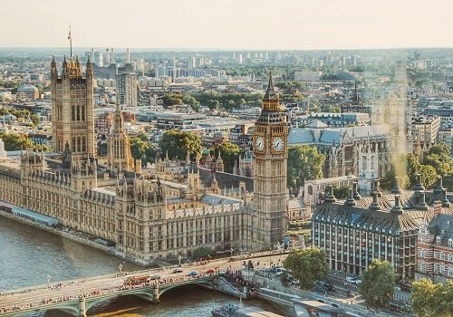 an aerial view of the Houses of Parliament and St Stephen's Tower which houses Big Ben