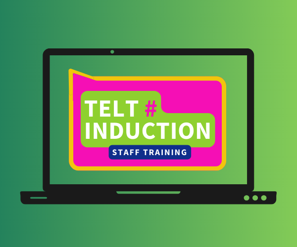 An illustration of a laptop screen with the title of TELT Induction staff training appearing on the screen