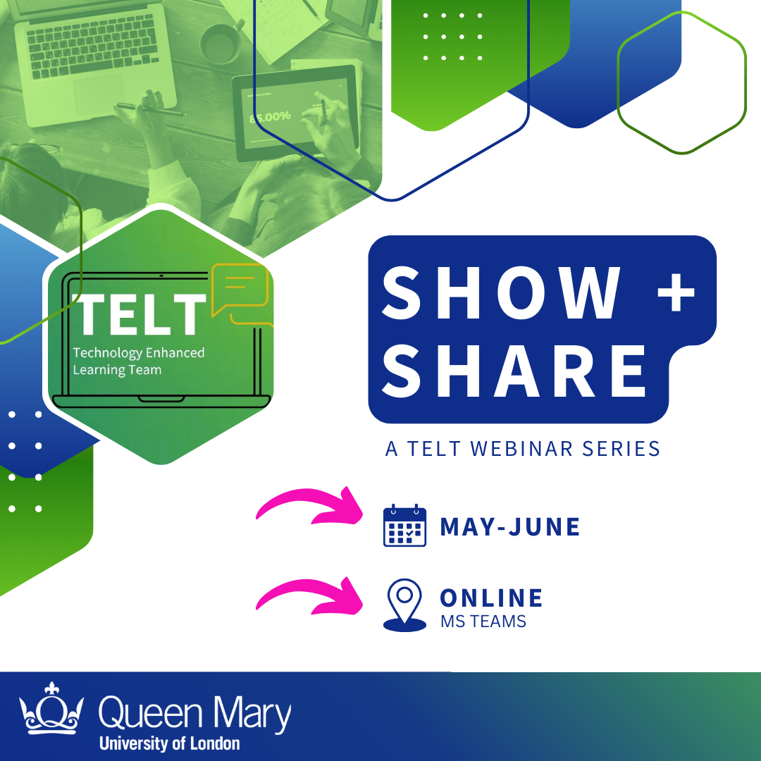 Image with a title of Show and share TELT webinars running in May and June Online