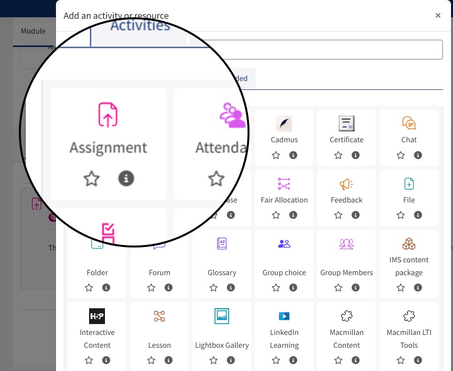 Assignment icon within the QMplus activity picker