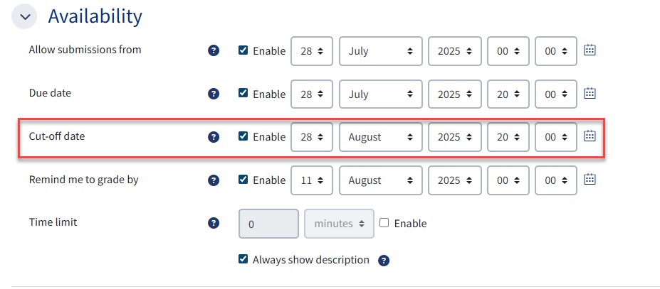 The availability options in the settings menu