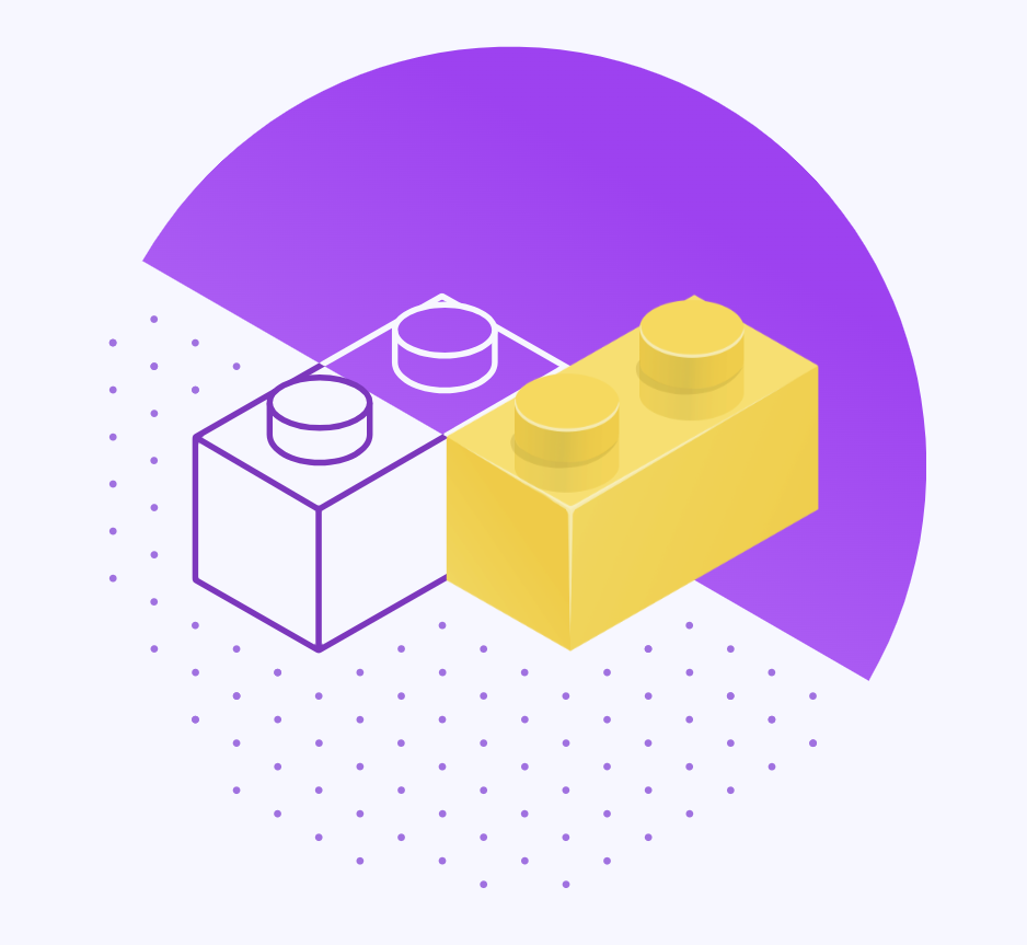 Logo showing a circle split horizontally: the top half is purple and the bottom half is white with purple dots. Two LEGO‑style bricks appear beside it, one orange and the other half white and half purple.