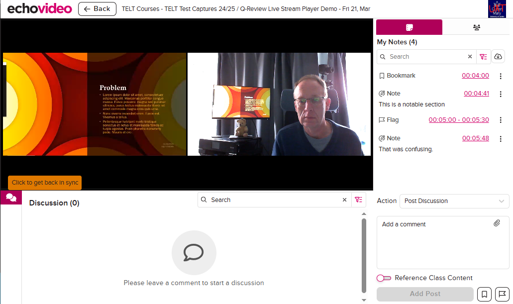 Screen shot of the Q-Review Live Player In Person interface
