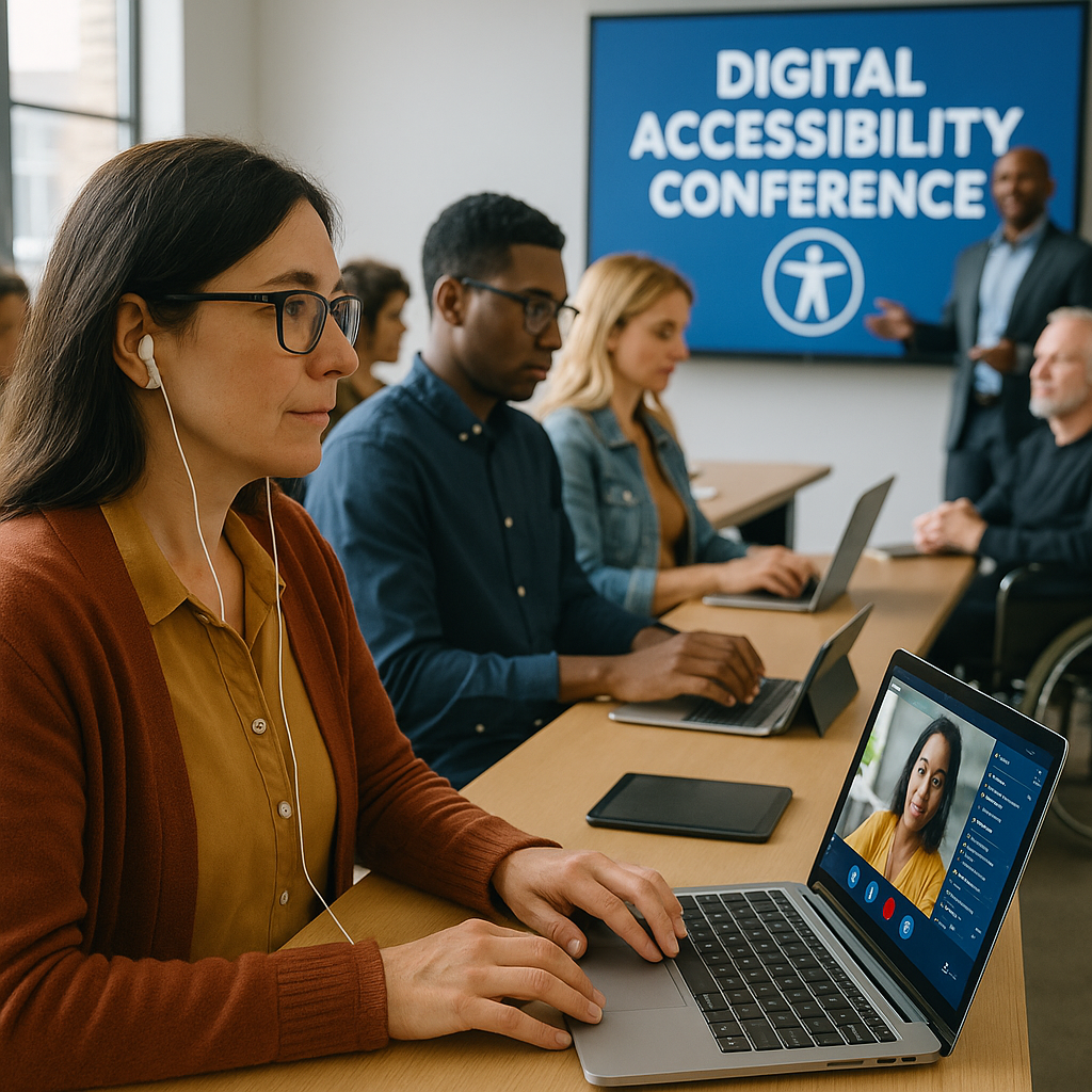Generated by AI: Diverse group at a digital accessibility conference, with in-person and online participants