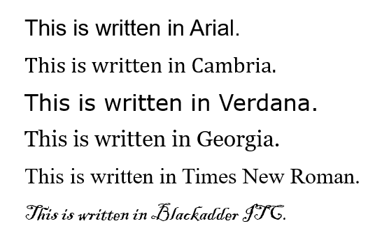 A list of six different font types