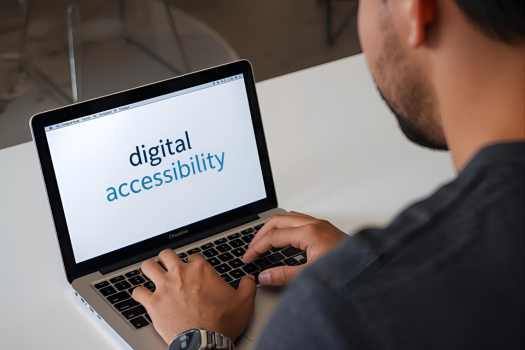 A person typing on a laptop with the words 