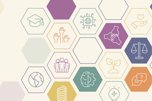 Hexagonal pattern with icons representing education and skills