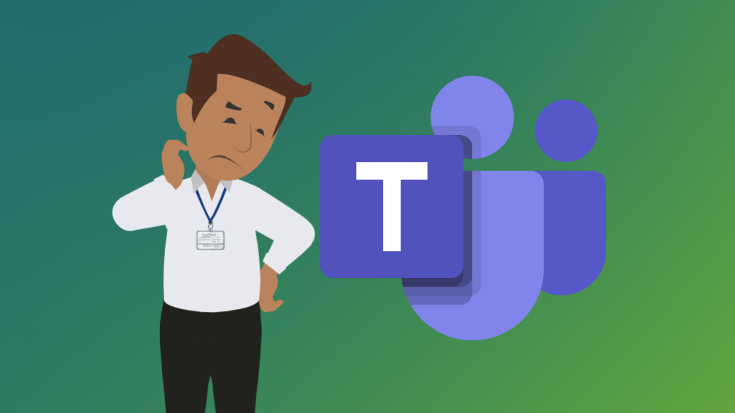 Ms Teams logo and an animated image of a man in a white shirt looking confused on a green background.