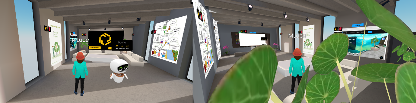 Metaverse screen shot of a minimalist study lounge