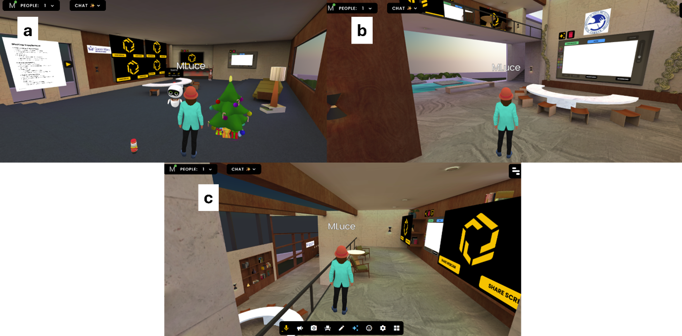 Metaverse screen shot of a cosy multi-level meeting complex