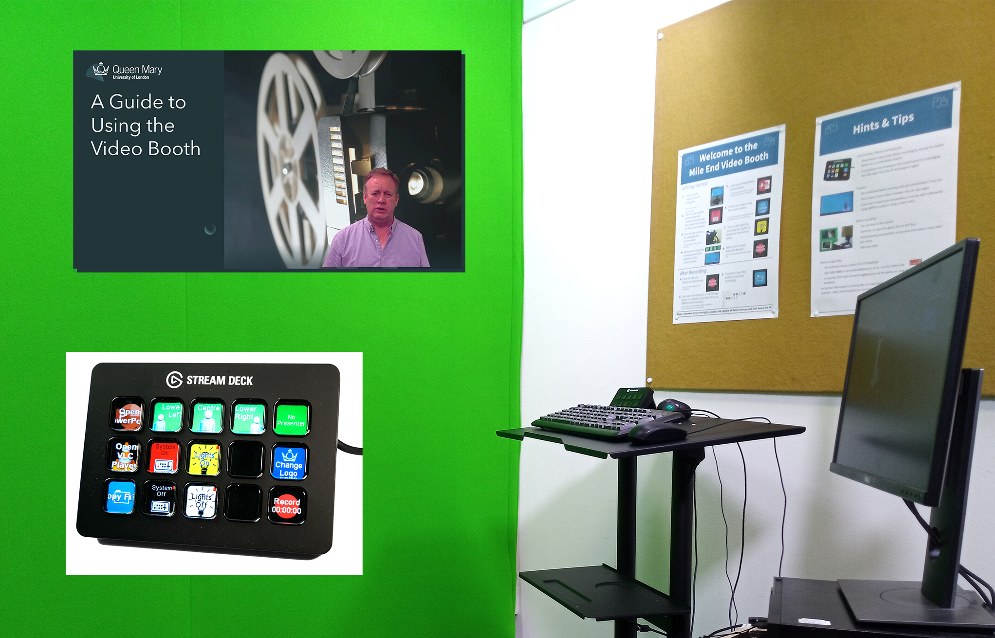 Three images depicting the video booth at Mile End campus, QMUL