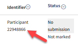 Screenshot showing how how participants are identified in QMplus when anonymous marking is enabled - randomly generated participant number.