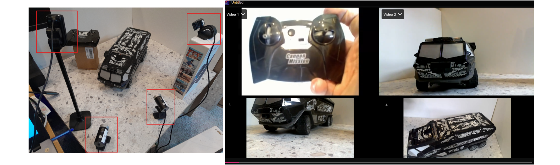 An image of a four camera setup and the resulting view in Q-Review