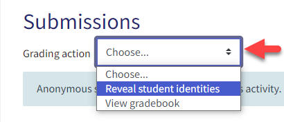 Screenshot showing where to reveal identities in QMplus when anonymous marking is enabled.