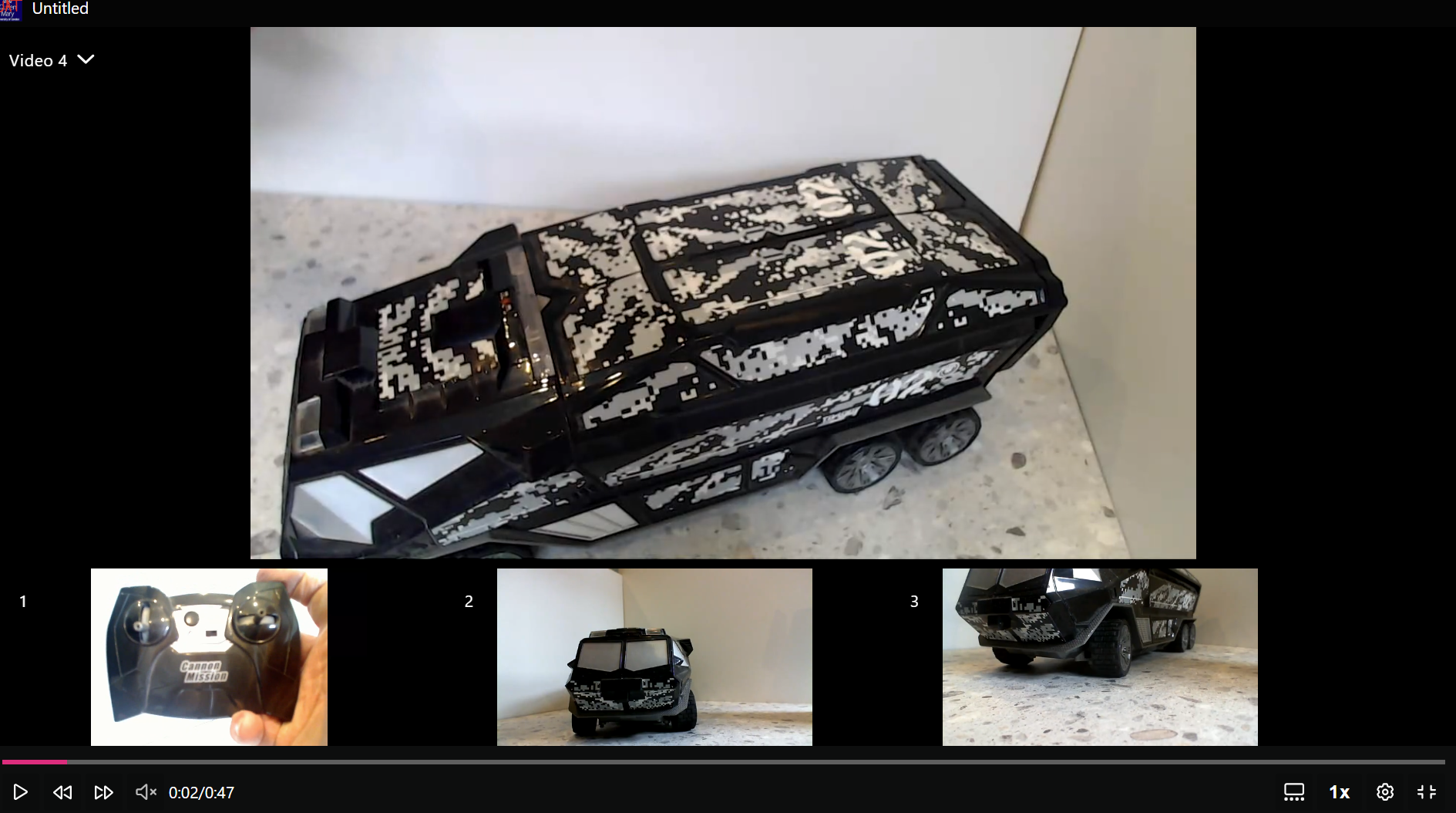 An example of quadravision with a remote control car and camera feeds from three different angles.