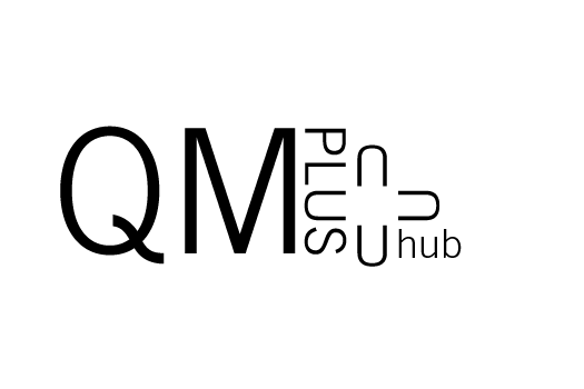 QMplus Hub Logo with black text on white background. It includes a plus sign icon.