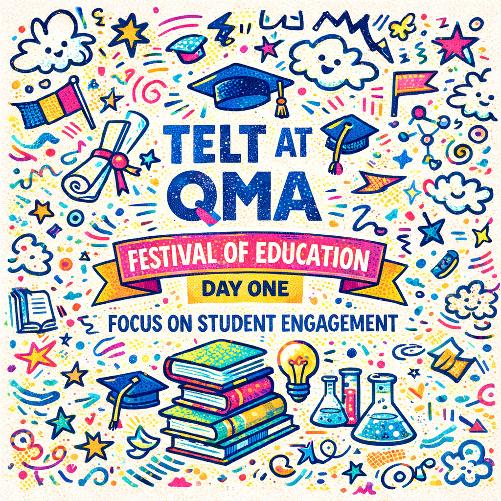 TELT at the QMA Festival of Education Day One, focused on student engagement, with education‑related icons such as books