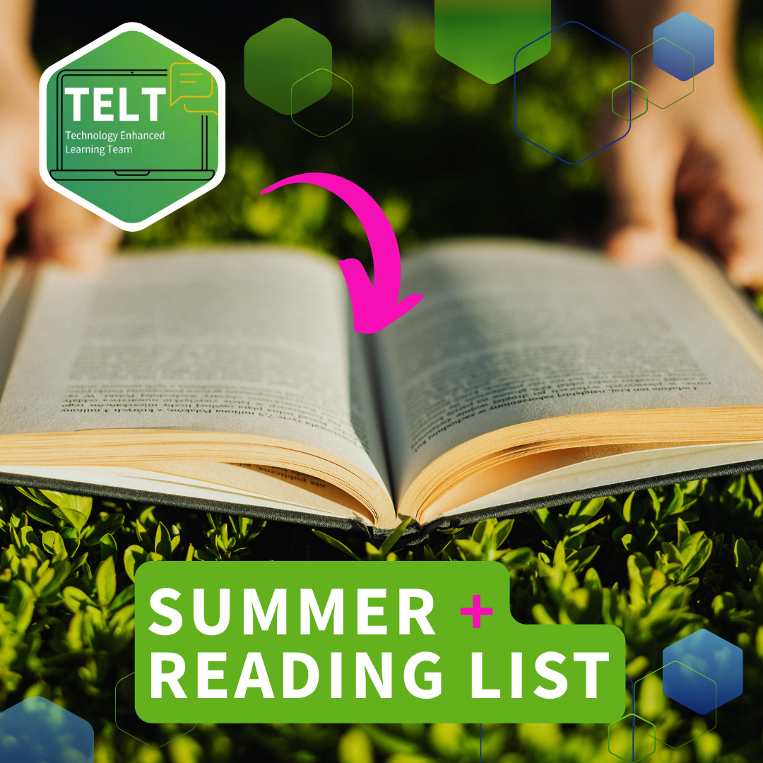 TELT summer reading list image of an open book on the grass