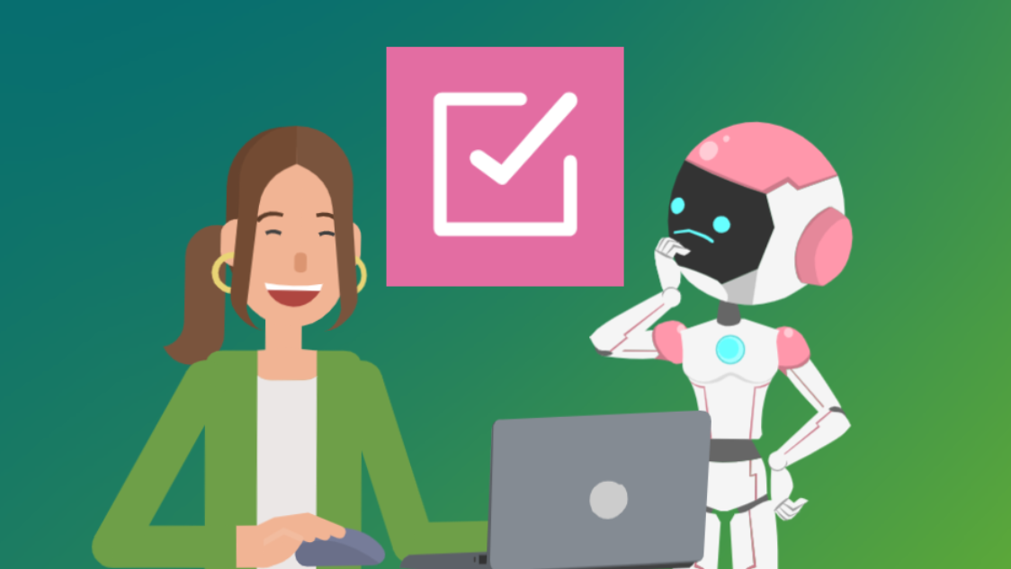 female avatar working on a laptop with a robot alongside