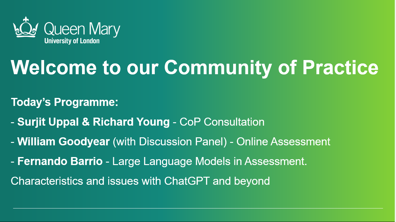 Slide from Queen Mary University of London welcoming attendees to a Community of Practice event